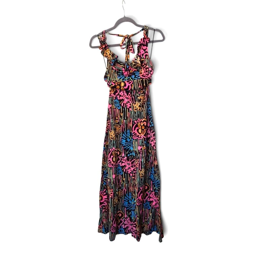 Young Innocent by Arpeja Vintage Neon Halter Ruffled Maxi Dress, Women's Size 5